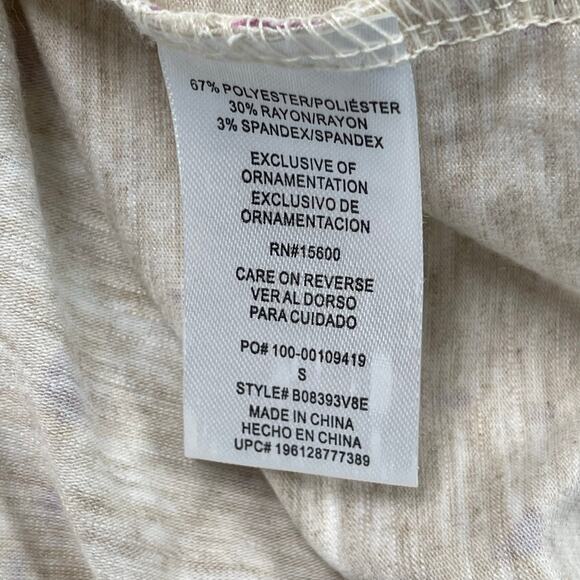 Democracy Top Womens Small Heather Tan Purple Abstract Print Ruched Sleeve - Picture 12 of 16